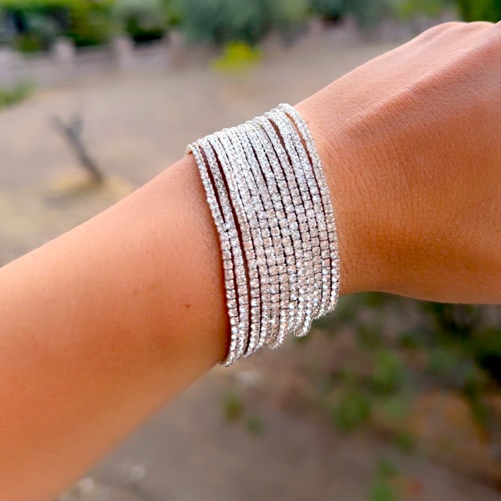 Rhinestone Crystal Layered Stretch Bracelets | 12 PCS (Silver & White Crystal)